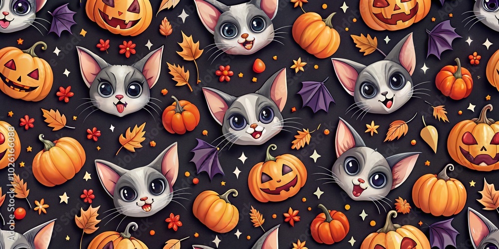 Vampire Cat and Orange Pumpkin Halloween Pattern for Spooky Season Decor Vampire Cat and Orange Pumpkin Halloween Pattern for Spooky Season Decor