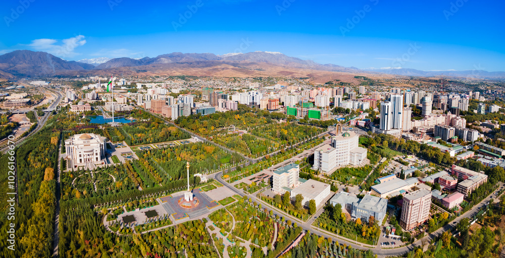 Dushanbe city aerial panoramic view in Tajikistan