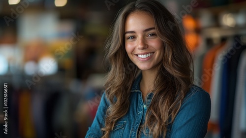 A woman with long brown hair is smiling at the camera