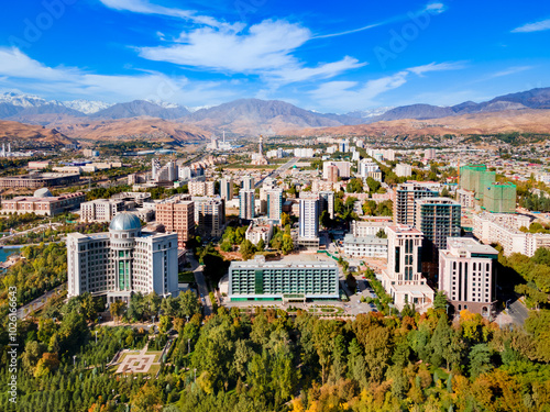 Dushanbe city aerial panoramic view in Tajikistan photo