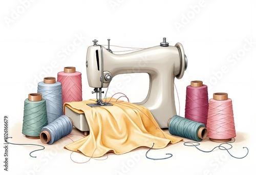 Sewing tools and accessories for sewing colored threads, coils, scissors, buttons, needles, pin and tailor meter on a white background Concept of sewing accessories. 