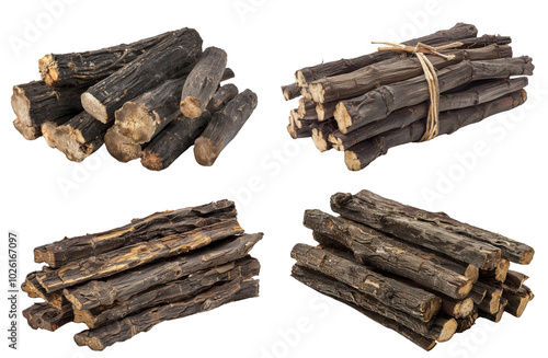 Dried licorice roots stacked. A stack of dark, wrinkled dried licorice roots, isolated on a transparent background. Perfect for use in herbal, medicinal, or natural product themes. PNG, File photo