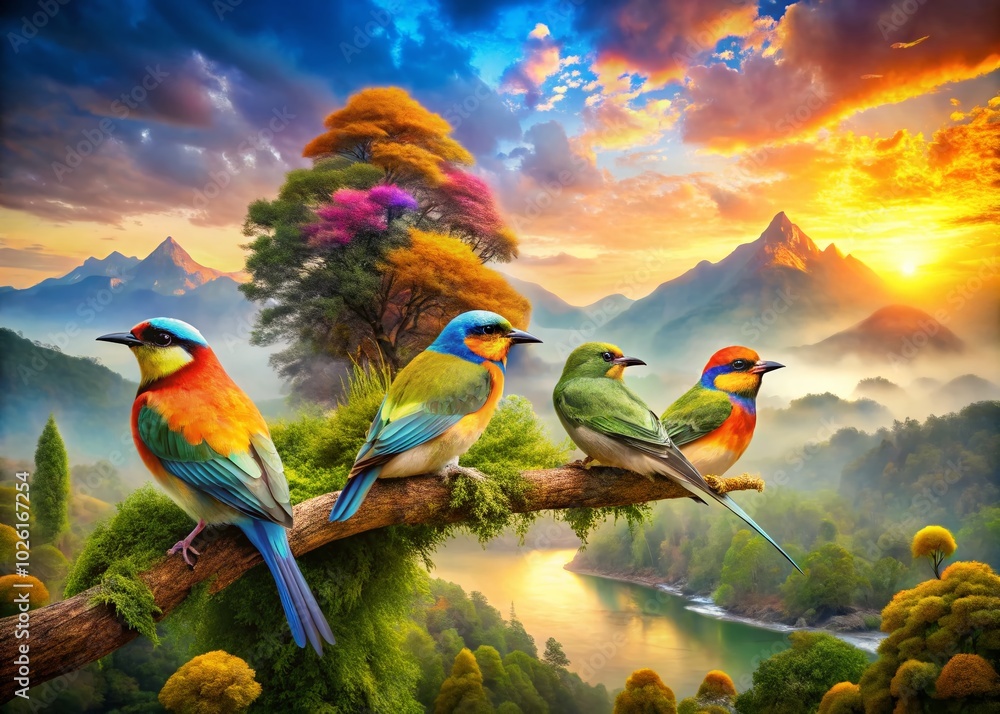 Obraz premium Vibrant Double Exposure of Colorful Birds in Nature for Stunning Visuals