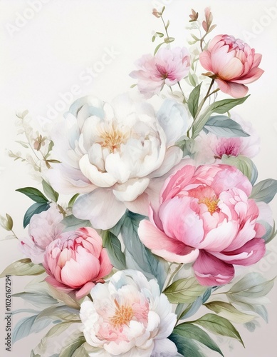 close up Minimalist watercolor romance peonies in pastel pinks and whites, gently floating on a pale background