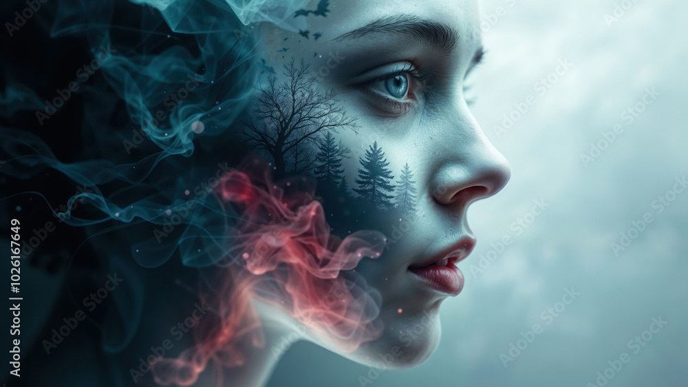 Woman face merging with forest at sunset showing connection with nature Woman face merging with forest at sunset showing connection with nature