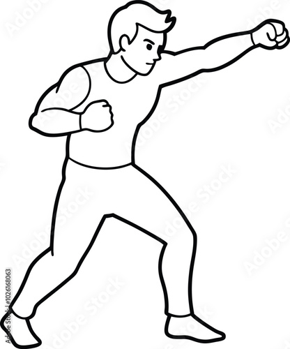 A man punching line drawing vector. Boxing, Kickboxing male player outline in graffiti tags, street art pattern illustration, emblem shield badge. Male athlete boxer single line art illustration.