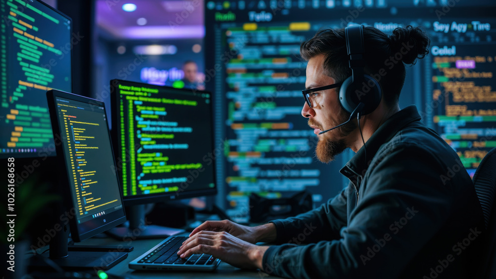 Software developer wearing headphones is developing software in his office Software developer wearing headphones is developing software in his office