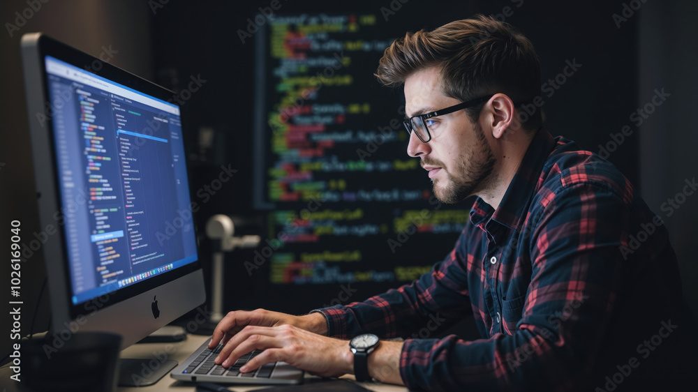 Software developer wearing headphones is developing software in his office Software developer wearing headphones is developing software in his office