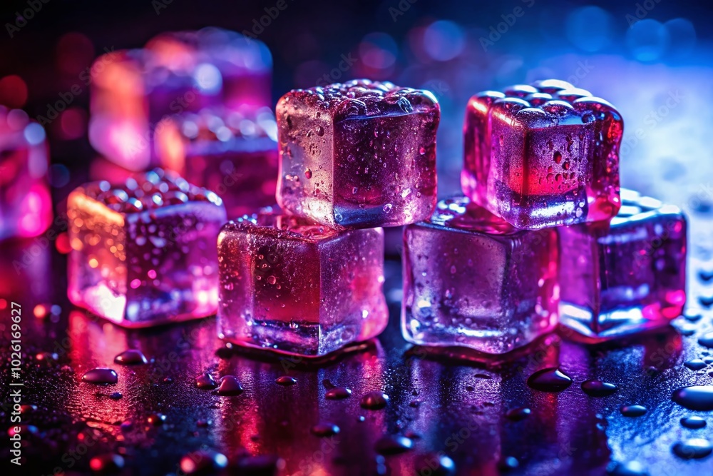 Vibrant Purple and Red Ice Cubes with Water Droplets on Reflective Surface - Tilt-Shift Photography Vibrant Purple and Red Ice Cubes with Water Droplets on Reflective Surface - Tilt-Shift Photography