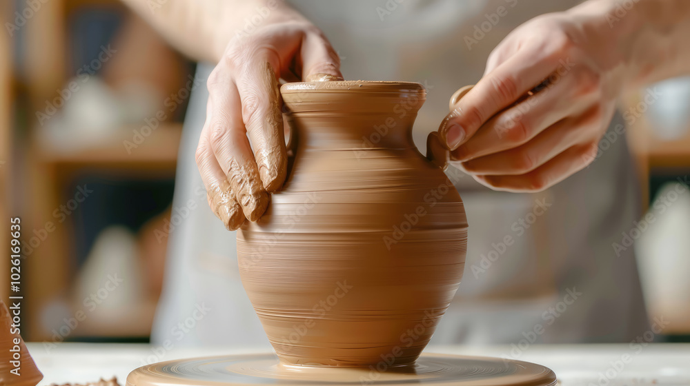 Potter making handle of clay pot in workshop Potter making handle of clay pot in workshop