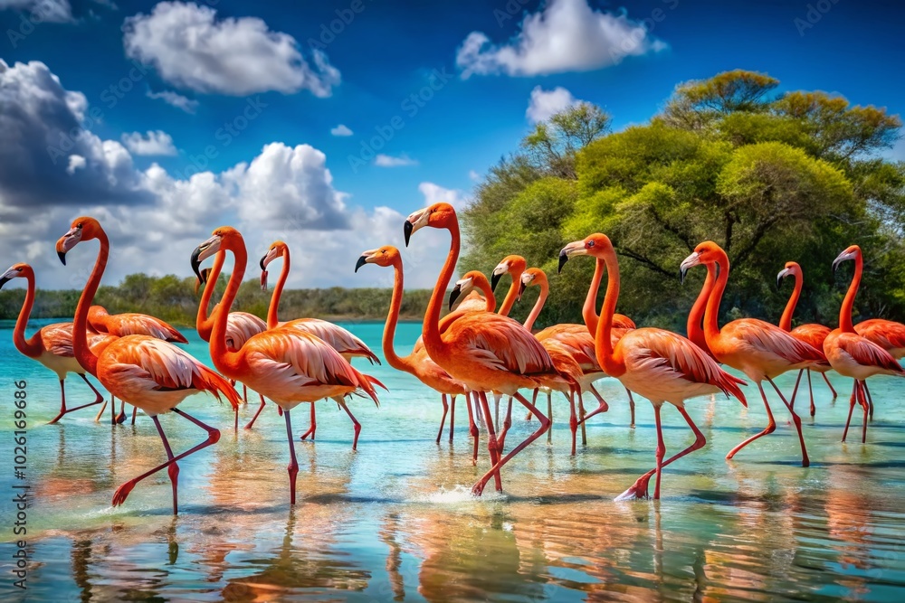 Naklejka premium Vibrant Red African Flamingos at Blue Lagoon - Macro Photography of Wild Birds