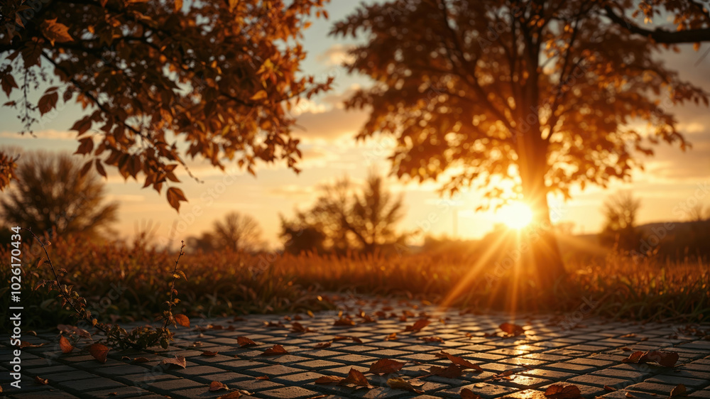 Sun shining through trees on autumnal leaves covering the ground Sun shining through trees on autumnal leaves covering the ground