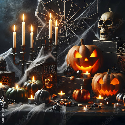 Halloween Party Decorations with Pumpkins and Candles photo