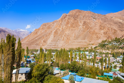 Khorog city aerial panoramic view in Tajikistan photo