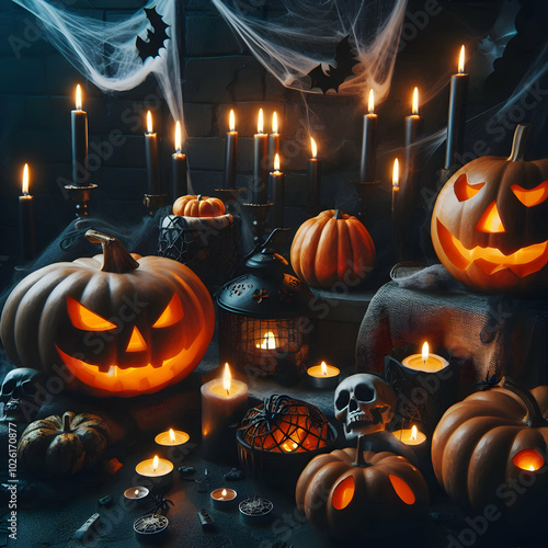 Halloween Party Decorations with Pumpkins and Candles photo