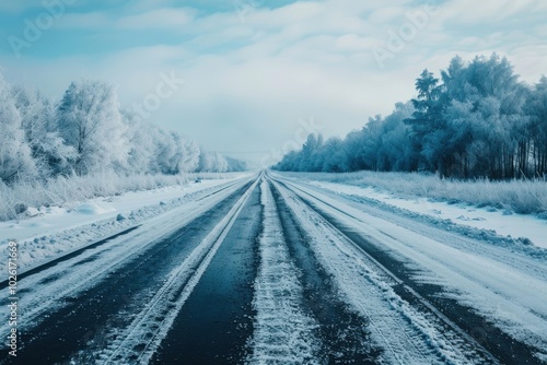A snowy road with a long line of trees in the background, generative ai image