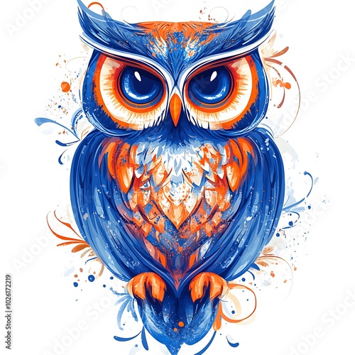 A vibrant and artistic illustration of a colorful owl with intricate details and dynamic splashes. photo