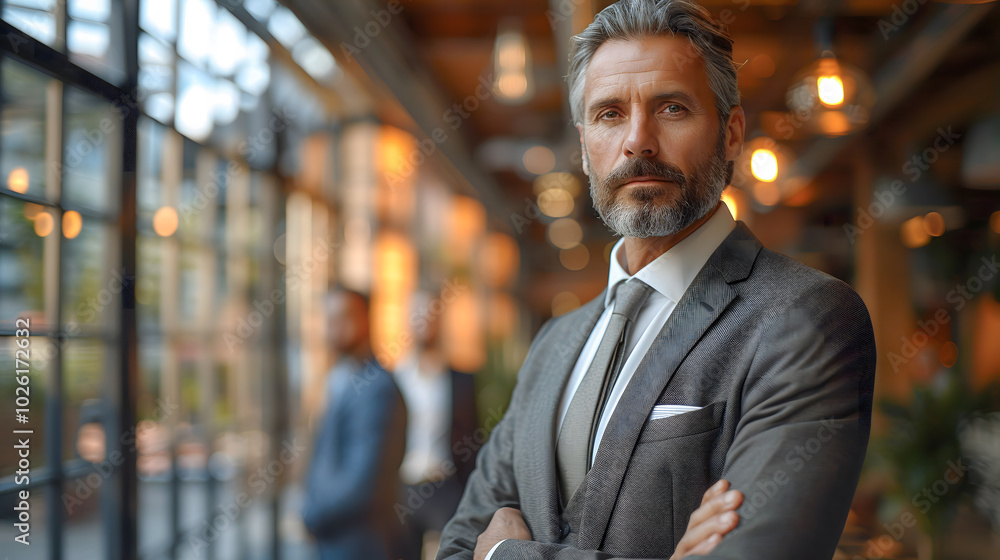 Professional confident middle aged gray hair beard handsome businessman CEO wearing stylish elegant suit standing smiling relaxed in modern office workspace successful leader charming expression Professional confident middle aged gray hair beard handsome businessman CEO wearing stylish elegant suit standing smiling relaxed in modern office workspace successful leader charming expression