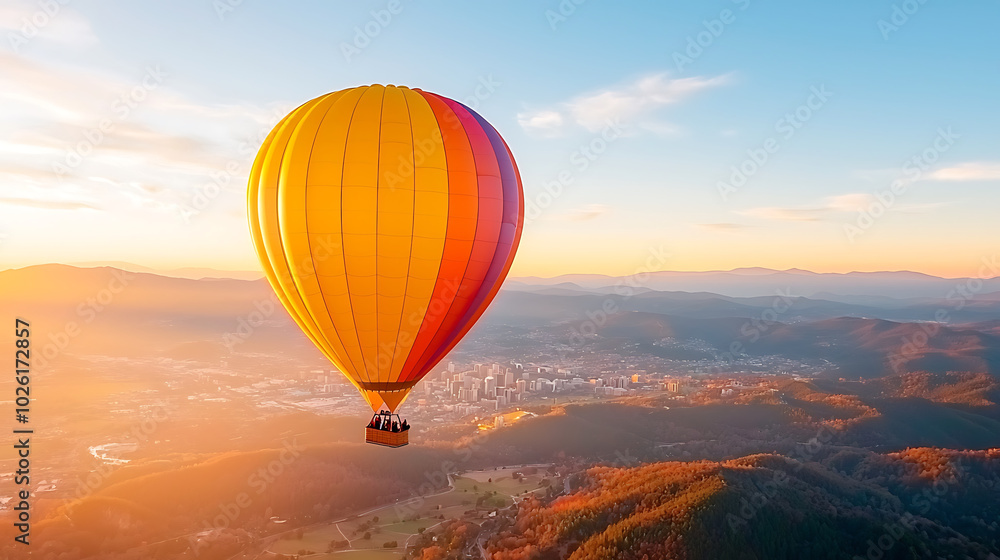 Obraz premium vibrant hot air balloon floats gracefully over scenic landscape at sunset, showcasing stunning view of mountains and city skyline. warm colors of balloon contrast beautifully with serene
