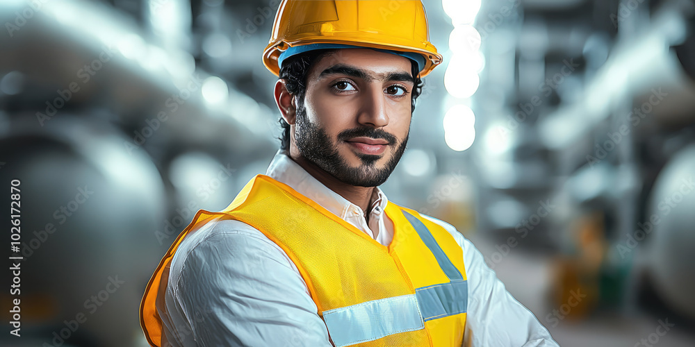 Confident industrial engineer wearing hard hat posing with crossed arms Confident industrial engineer wearing hard hat posing with crossed arms