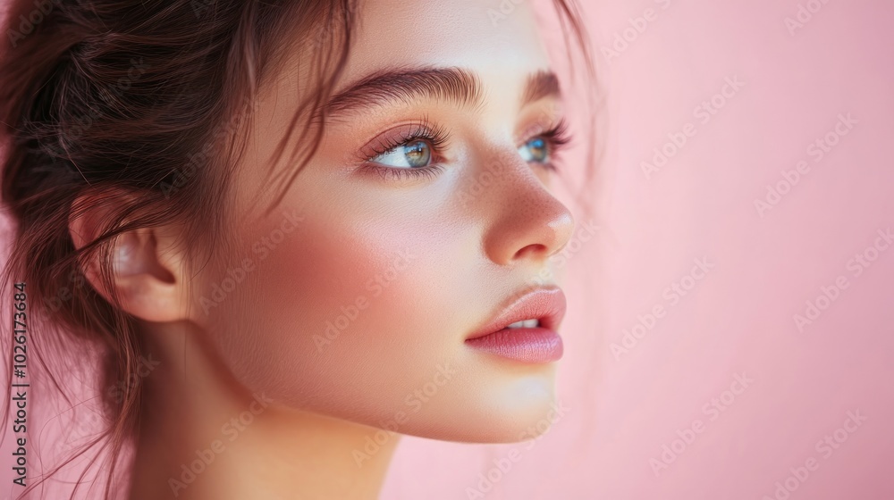 Close-up portrait of a young woman with beautiful blue eyes and rosy cheeks, looking to the side against a soft pink background. Close-up portrait of a young woman with beautiful blue eyes and rosy cheeks, looking to the side against a soft pink background.