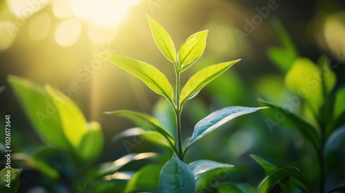 Morning breeze on young plant - Highlighting the subtle movement of a young plant swaying gently in the morning breeze, 