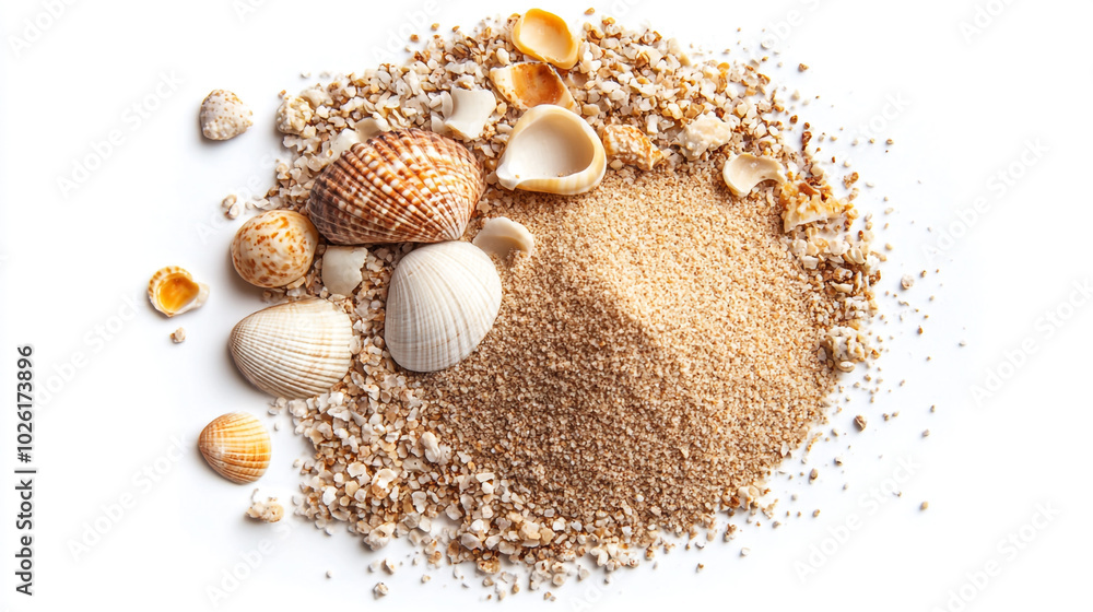 Natural beach sand and seashells arranged together on a white surface in a coastal setting Natural beach sand and seashells arranged together on a white surface in a coastal setting