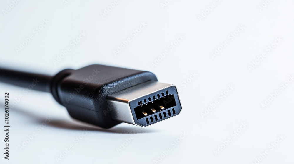 Close-up view of a USB cable connector on a white background showcasing its detailed design Close-up view of a USB cable connector on a white background showcasing its detailed design