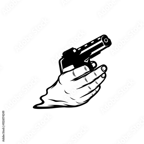 right hand holding a black and white pistol firearm vector line art