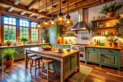 Vintage Style Empty Kitchen Island with Stools in Soft Lighting for Cozy Home Decor