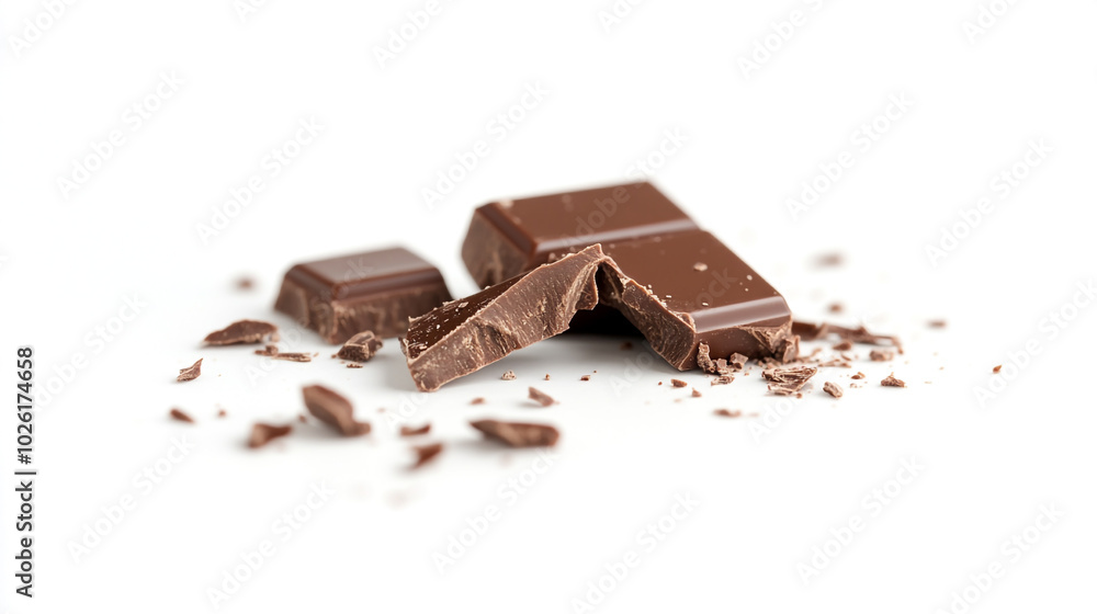 Broken chocolate bar pieces on a white background near chocolate shavings Broken chocolate bar pieces on a white background near chocolate shavings
