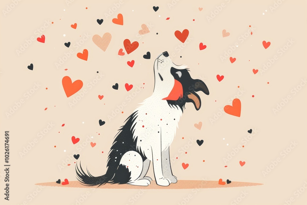 Fototapeta premium Playful dog surrounded by falling hearts