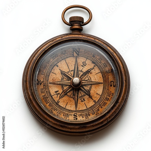 A bronze compass with a detailed face isolated on white background. 