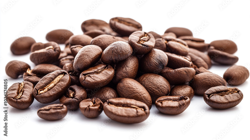 Freshly roasted coffee beans piled on a white surface ready for brewing in the morning Freshly roasted coffee beans piled on a white surface ready for brewing in the morning