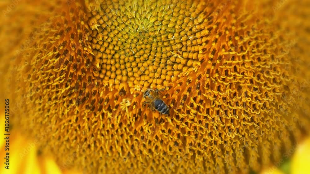 Bee on beautiful sunflower, close-up zoom-out video with blur Bee on beautiful sunflower, close-up zoom-out video with blur