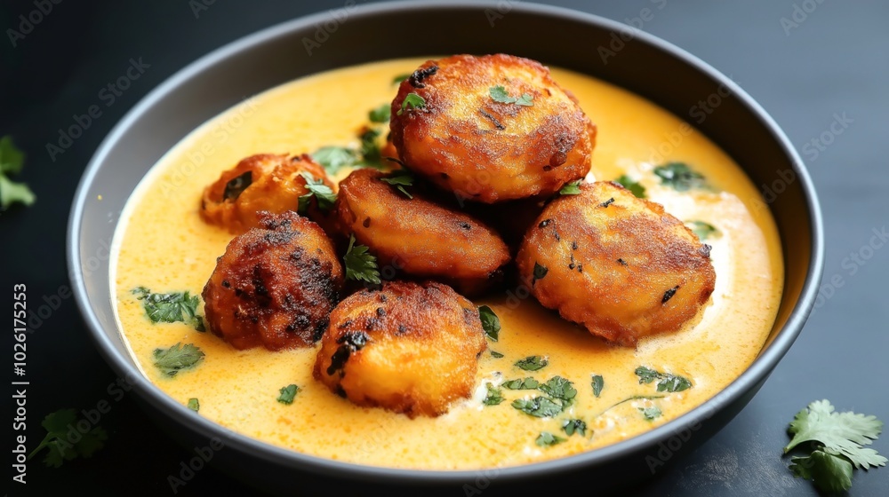 Bowl of creamy curry with grilled potato dumplings garnished with green herbs Bowl of creamy curry with grilled potato dumplings garnished with green herbs