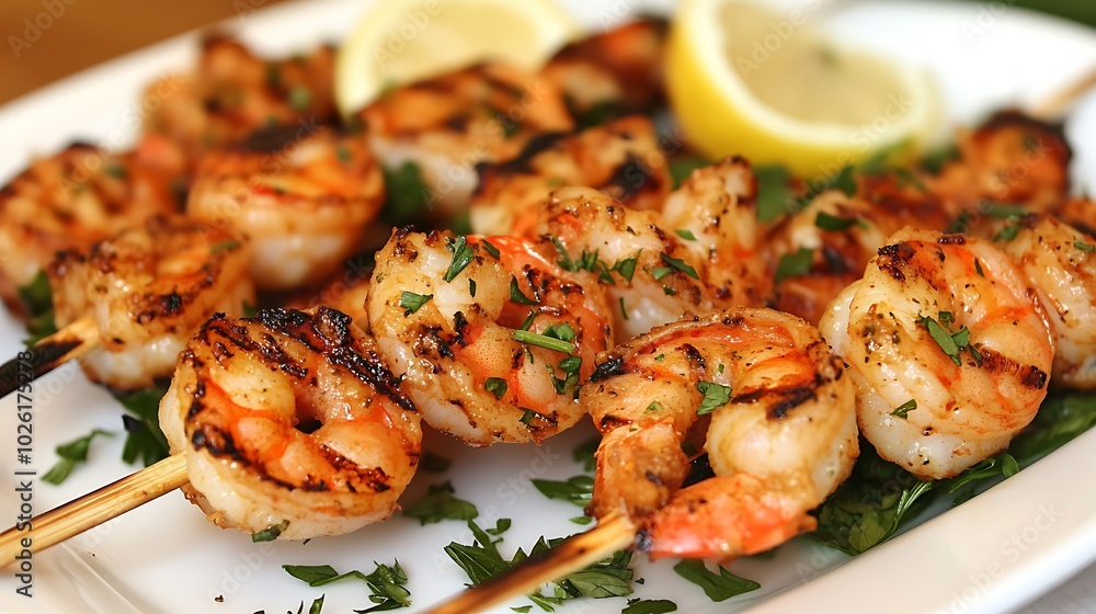 grilled shrimp on wooden skewers on a plate nacro horizontal grilled shrimp on wooden skewers on a plate nacro horizontal