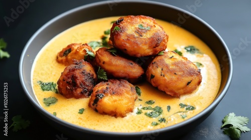 Bowl of creamy curry with grilled potato dumplings garnished with green herbs