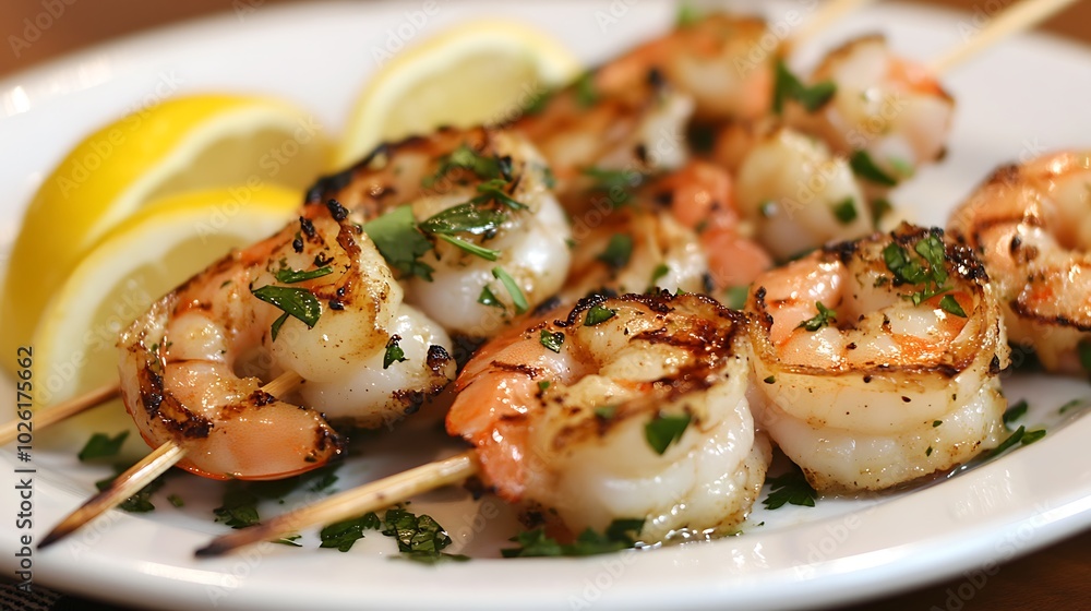 grilled shrimp on wooden skewers on a plate nacro horizontal grilled shrimp on wooden skewers on a plate nacro horizontal