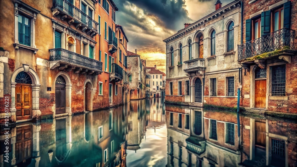Fototapeta premium Vintage Venice Street During High Tide in November - Cloudy Day Photography