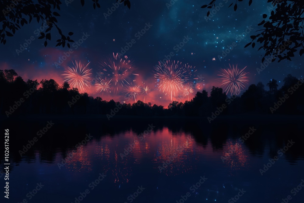 Fototapeta premium Lakeside Fireworks Show Under Starry Sky