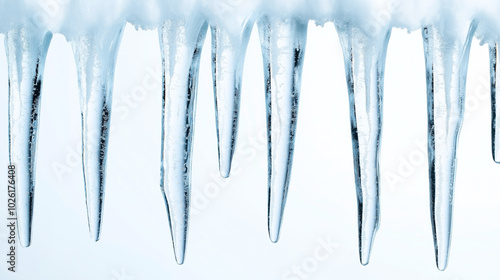 Close-up of transparent icicles hanging from a ledge against a light blue background, capturing the cold, clear, and sharp nature of ice formation during winter.