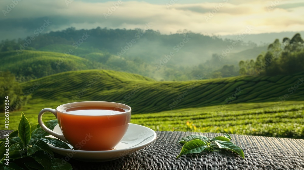 photograph of A cup of hot tea is placed on a table with tea leaves against a background of a vast tea plantation. telephoto lens summer daylight cool color photograph of A cup of hot tea is placed on a table with tea leaves against a background of a vast tea plantation. telephoto lens summer daylight cool color