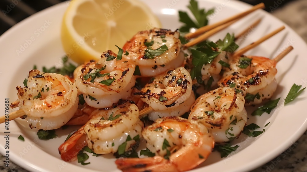 grilled shrimp on wooden skewers on a plate nacro horizontal grilled shrimp on wooden skewers on a plate nacro horizontal