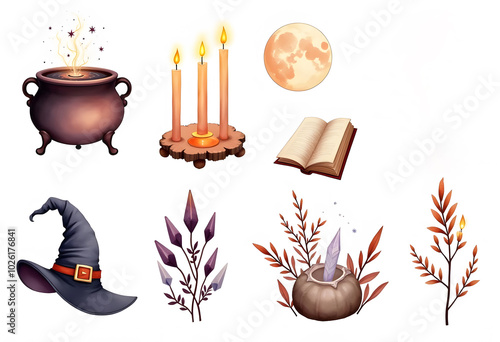 The set of attributes of the witch. The book of spells. Vector illustration. 