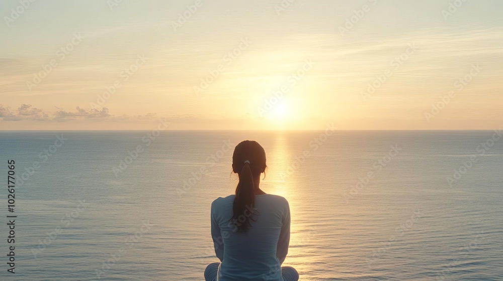 Woman watching a sunrise over the ocean, peaceful in warm sunlight. Woman watching a sunrise over the ocean, peaceful in warm sunlight.