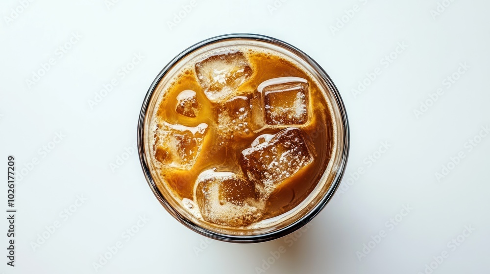 photograph of Glass of ice coffee isolated on white background from top view telephoto lens summer daylight cool color photograph of Glass of ice coffee isolated on white background from top view telephoto lens summer daylight cool color