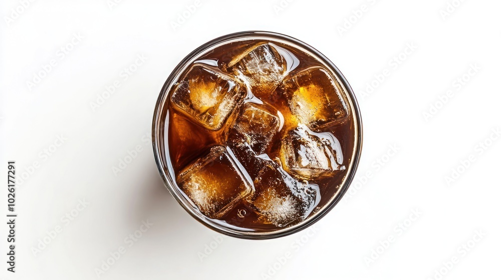 photograph of Glass of ice coffee isolated on white background from top view telephoto lens summer daylight cool color photograph of Glass of ice coffee isolated on white background from top view telephoto lens summer daylight cool color