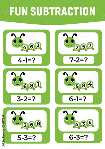 A game for kids fun subtraction by counting and eliminating the cute caterpillar