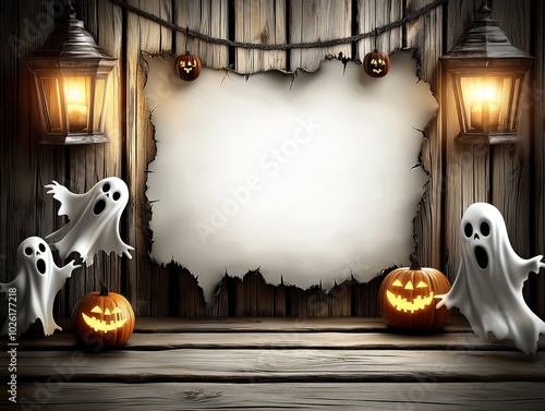 Halloween themed poster or invitation , Halloween Mockup ,  a lantern with lighting , little ghosts and pumpkin decorations , for advertise or invitation purpose. photo